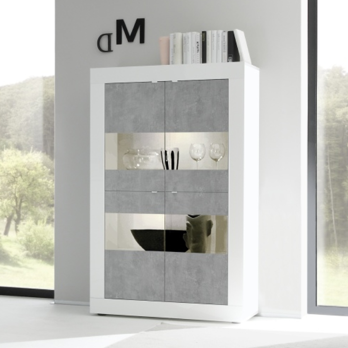 Vitrine moderne 4 portes blanc et gris béton 100cm CALIA