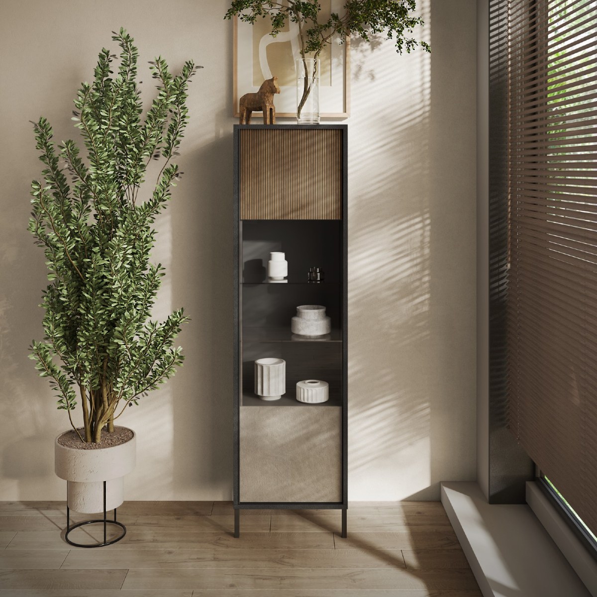 Vitrine moderne 1 porte vitrée bois et travertin EZE