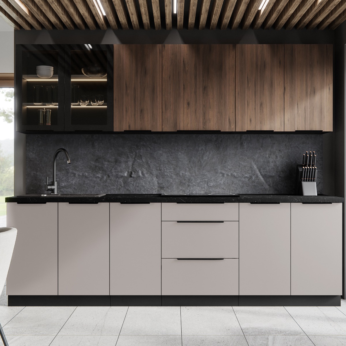 Cuisine complète moderne beige et bois 260cm MAO