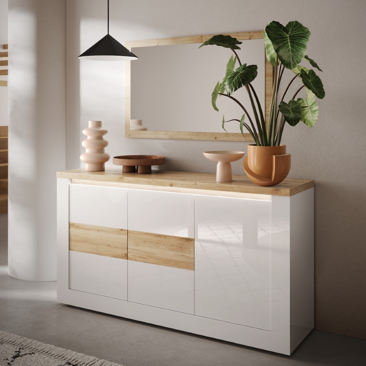 Buffet moderne 3 portes laqué blanc et bois 160cm ARIA
