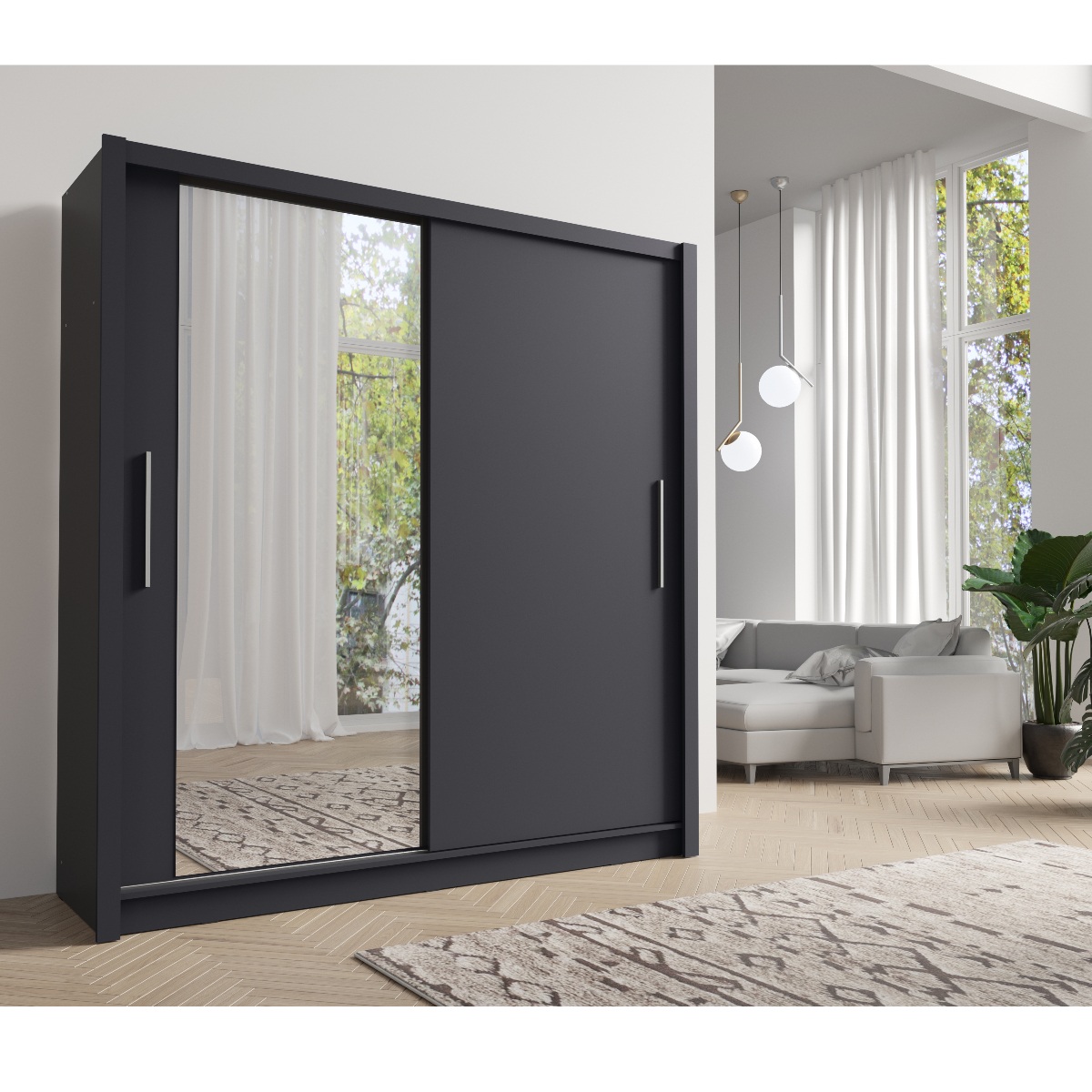 Armoire moderne grise 2 portes coulissantes 155cm ULRIC