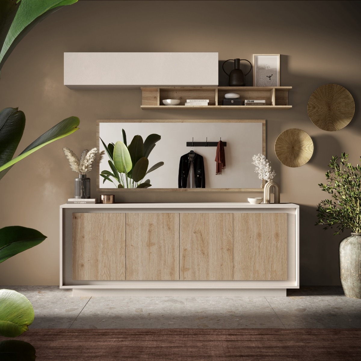 Buffet bas contemporain 4 portes beige et bois naturel YORI