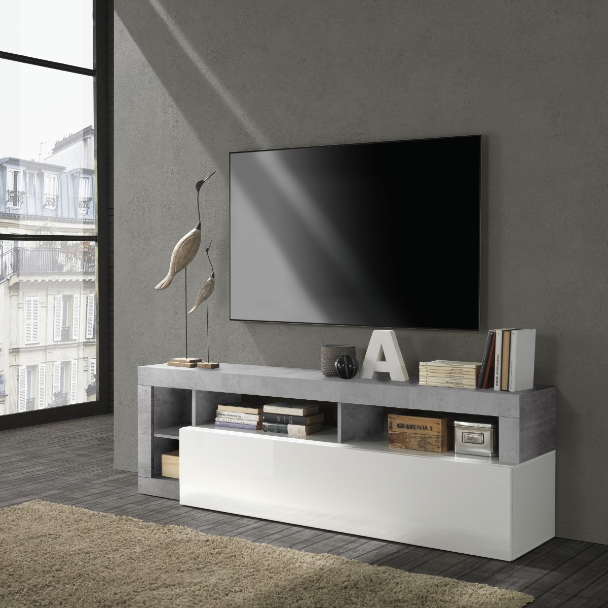 Meuble TV moderne laqué blanc et gris béton GAMA