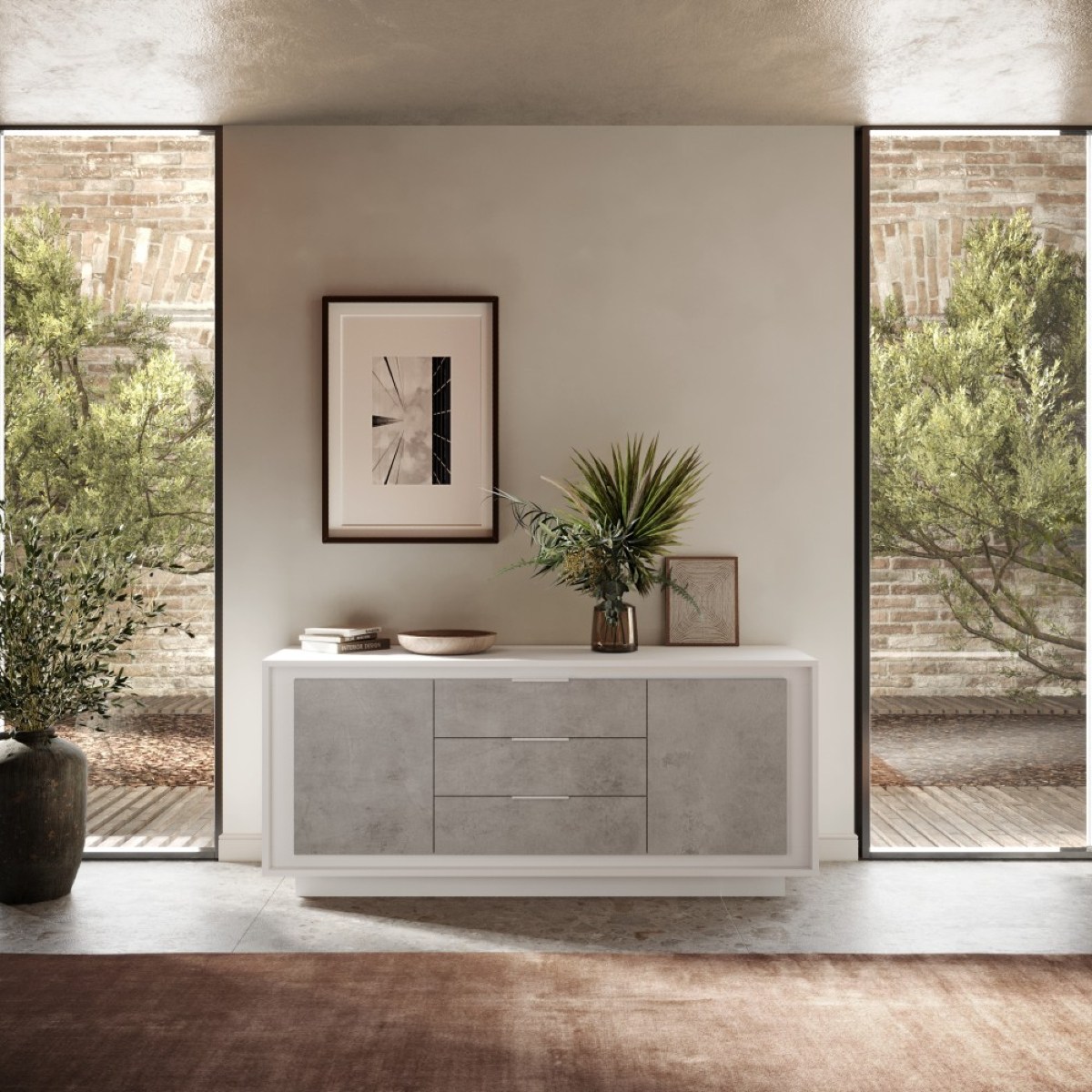 Buffet bas blanc et gris béton 2 portes-3 tiroirs 180cm YORI