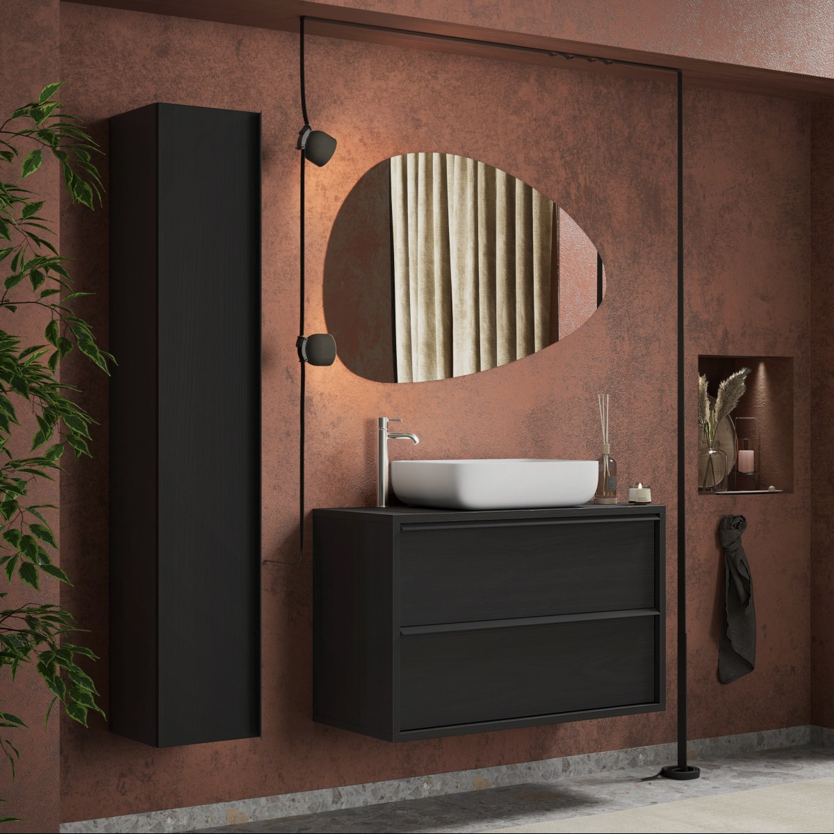 Ensemble de salle de bain (meuble suspendu + vasque + miroir + colonne) 92cm LOIS