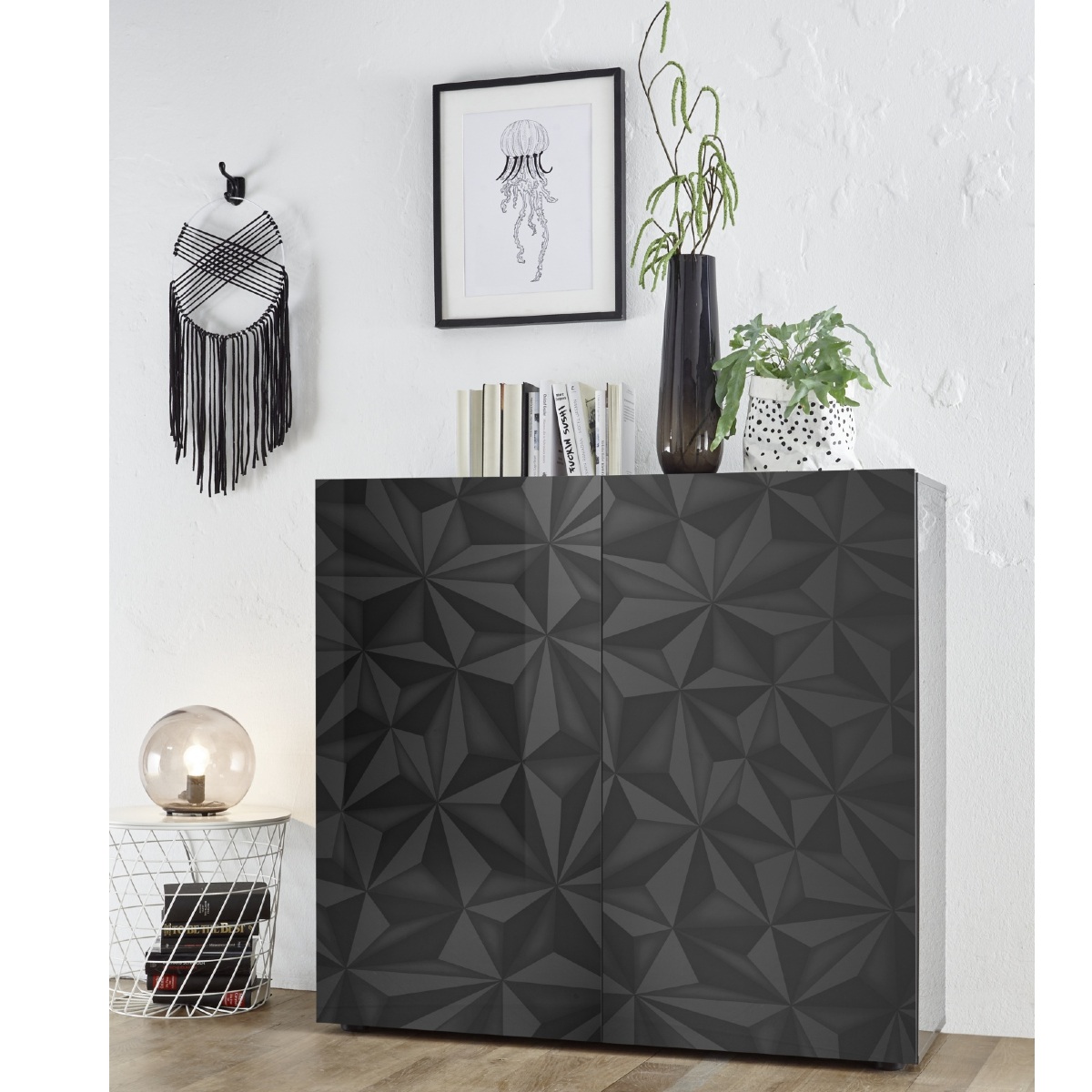 Buffet haut moderne laqué gris 2 portes 120cm CAPRI