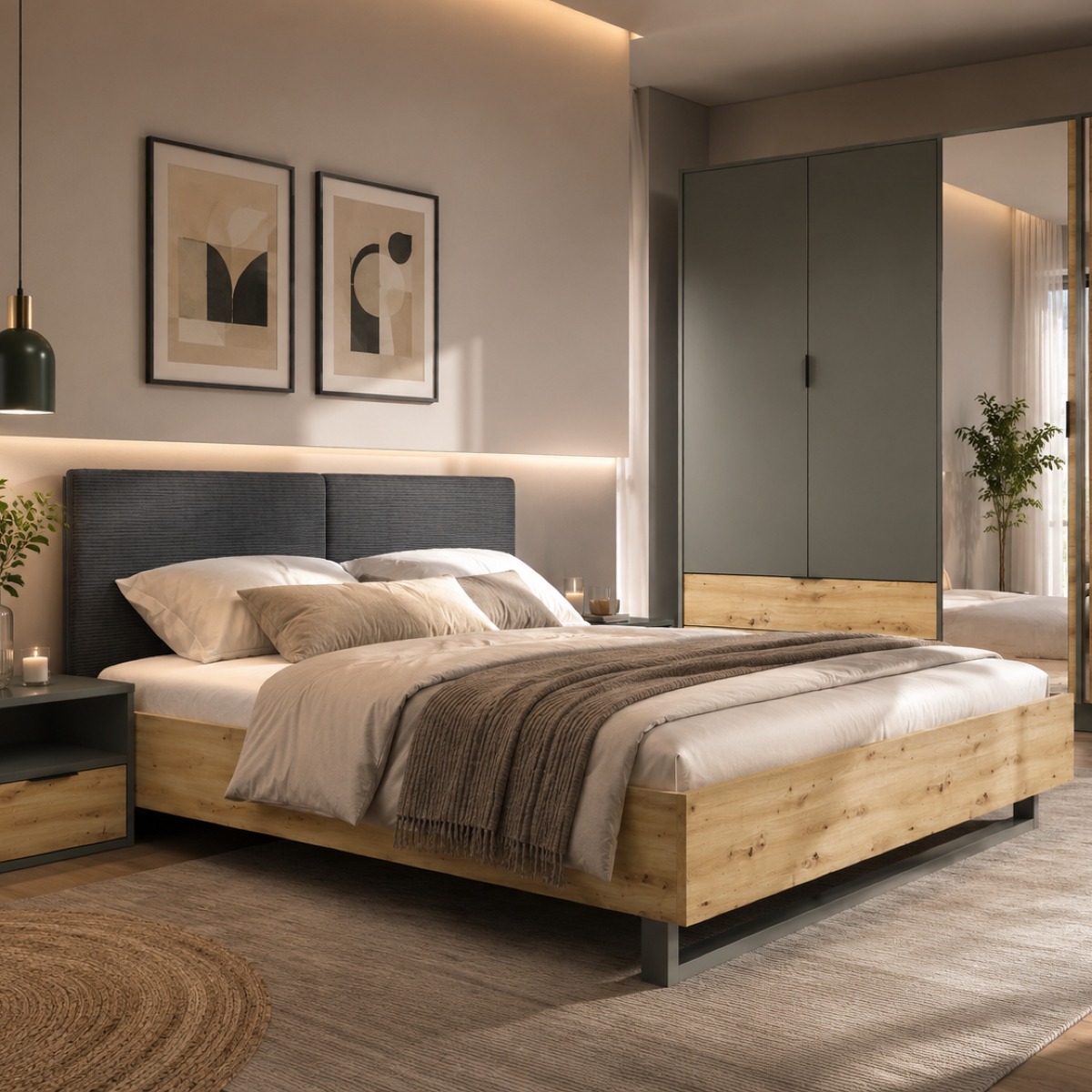 Lit adulte 160x200 bois clair avec tête de lit en tissu gris