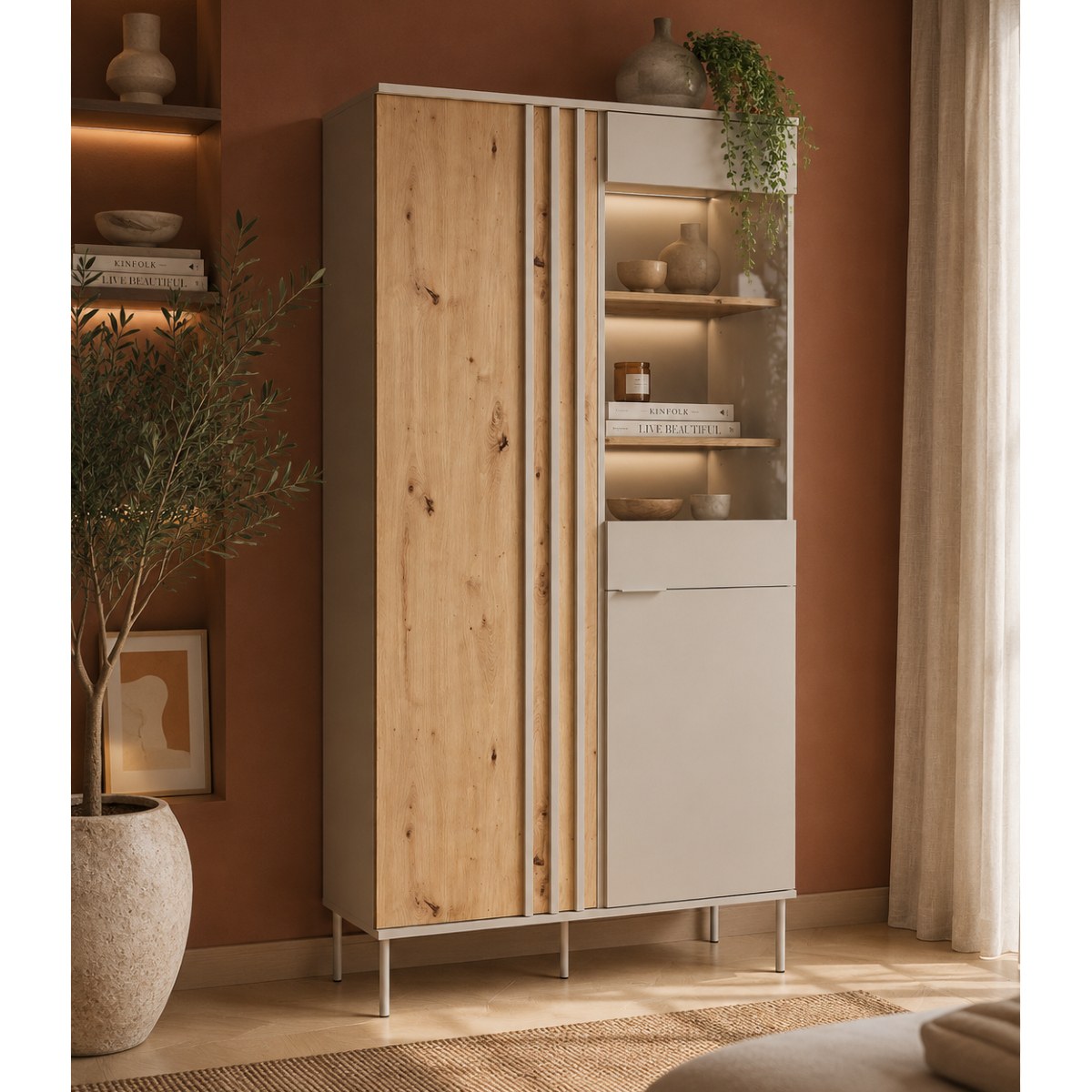 Vitrine moderne cachemire et bois clair avec porte vitrée