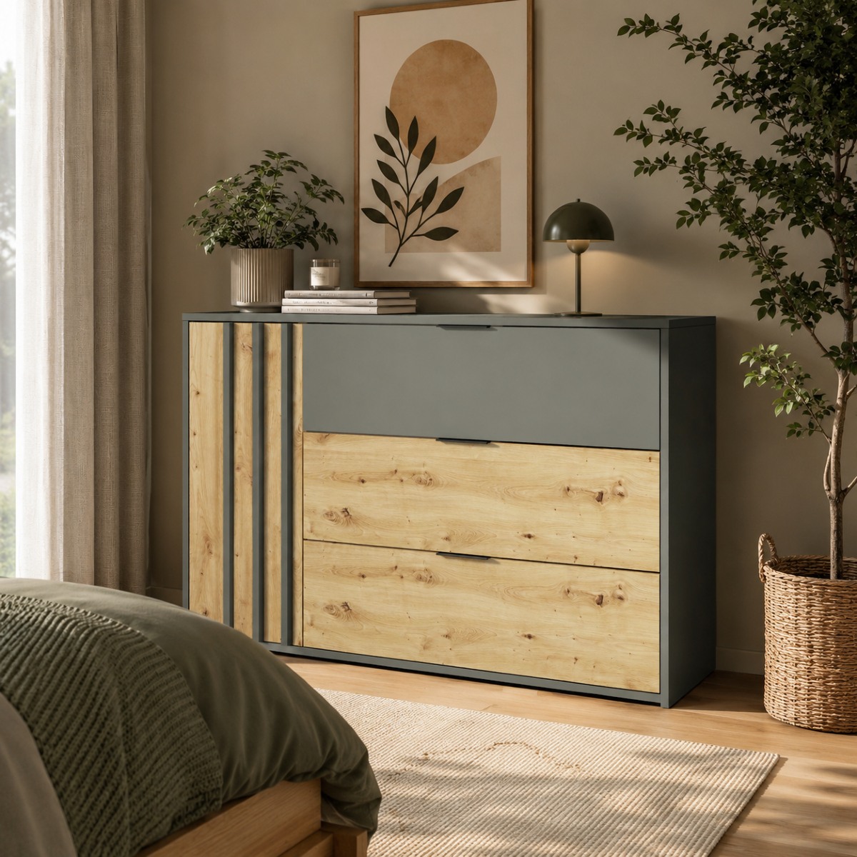Commode moderne noir et bois avec trois tiroirs et une porte
