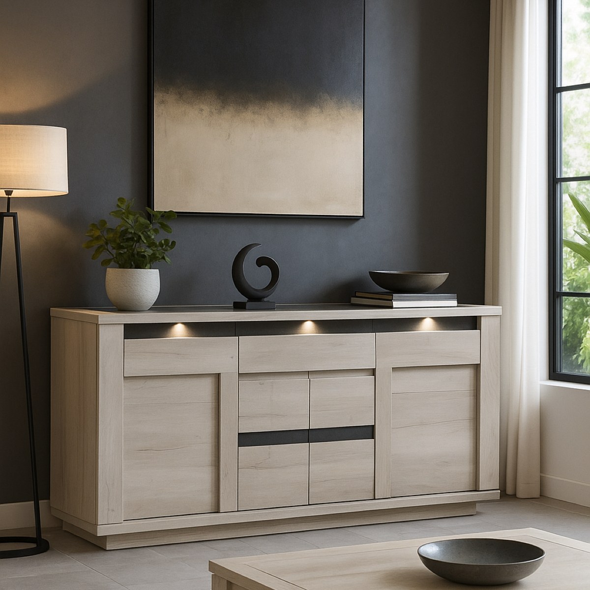 Buffet contemporain 4 portes-1 tiroir chêne blanchi MELINDA