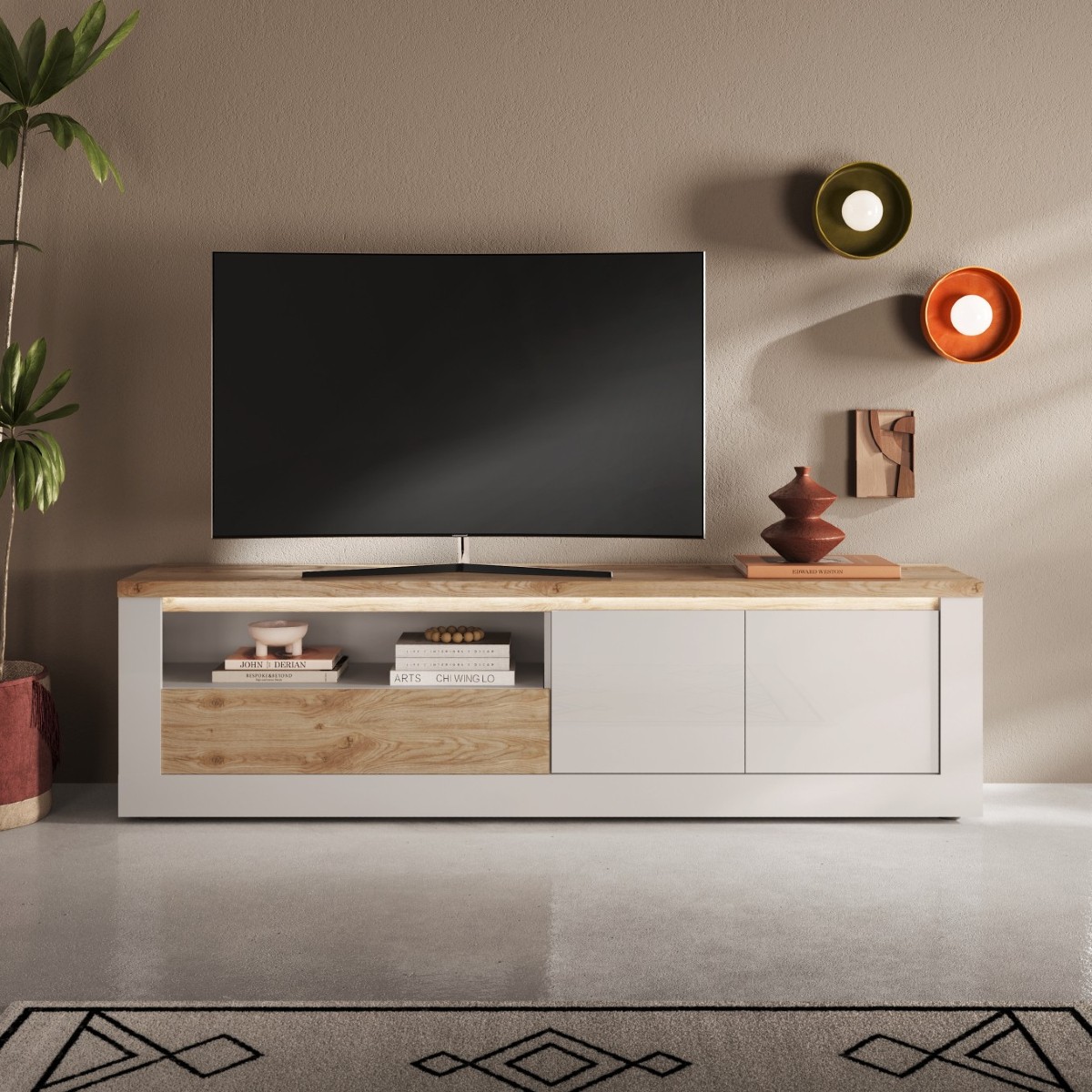Meuble TV moderne laqué blanc et bois + led 210cm ARIA