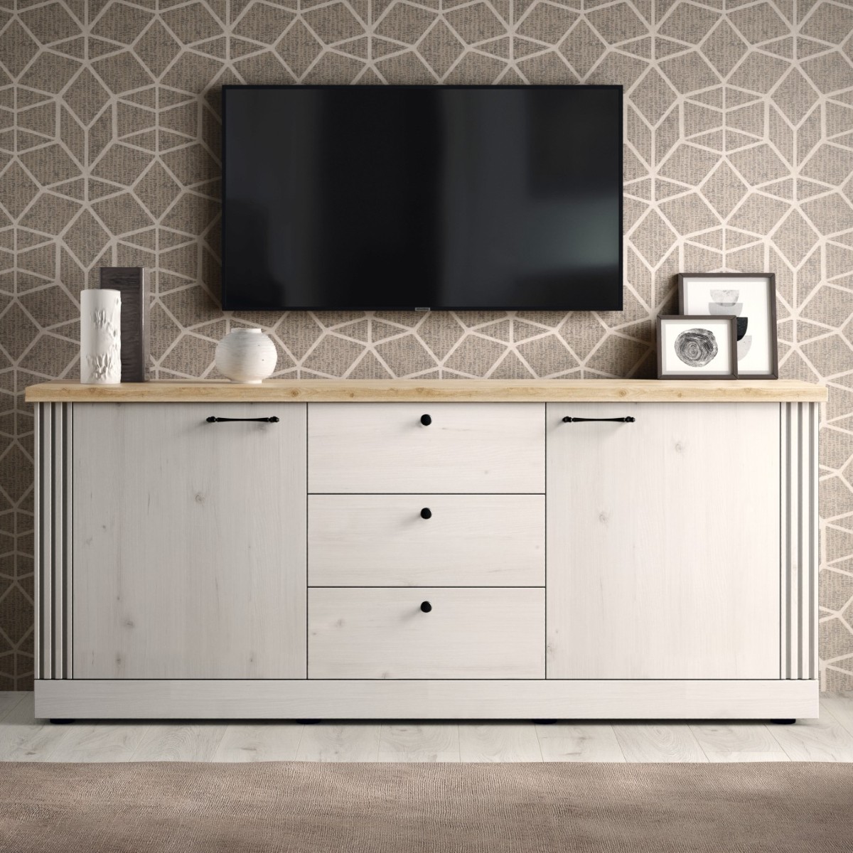 Buffet moderne 2 portes-3 tiroirs coloris chêne naturel YANIS