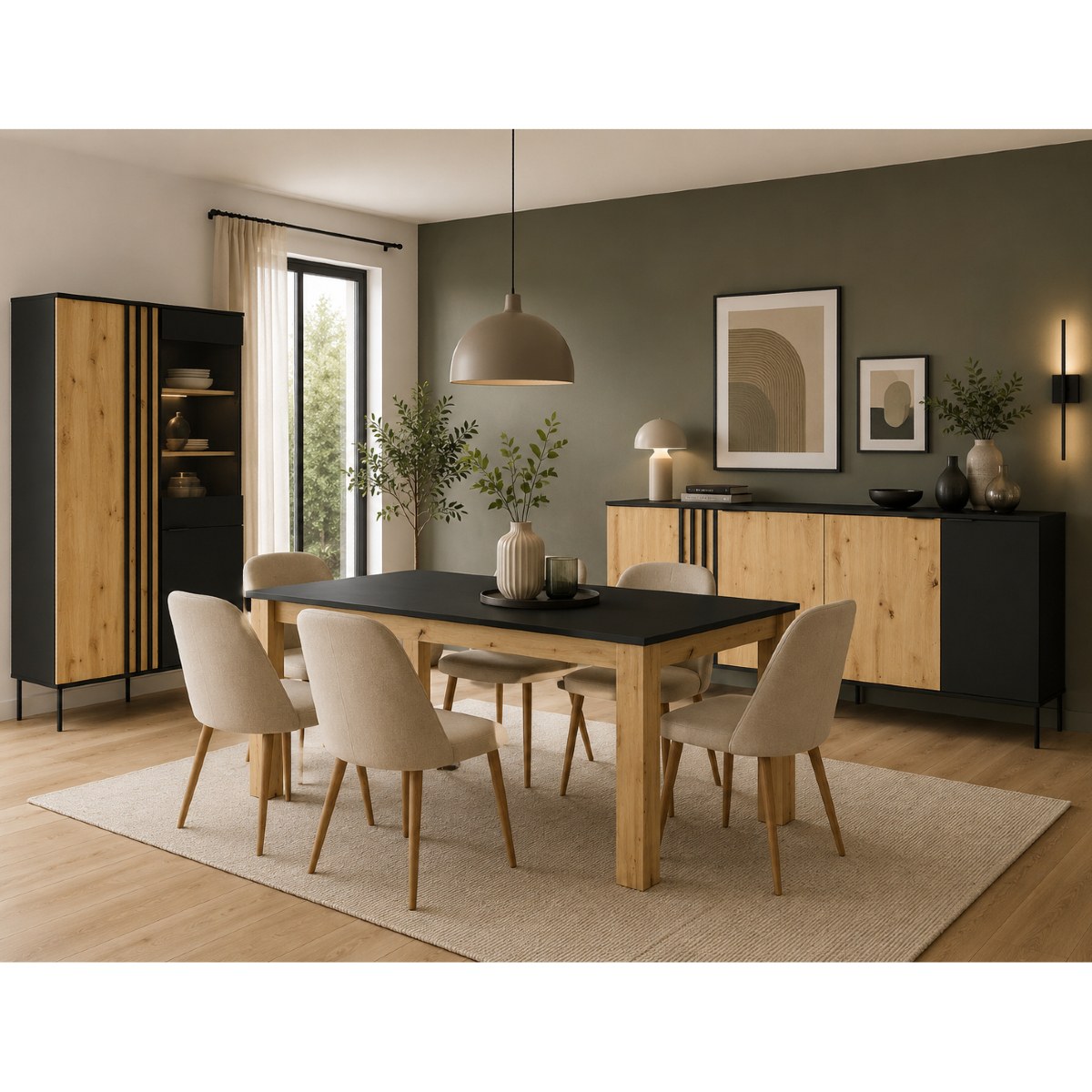 Salle à manger complète noire et bois avec table 180 cm