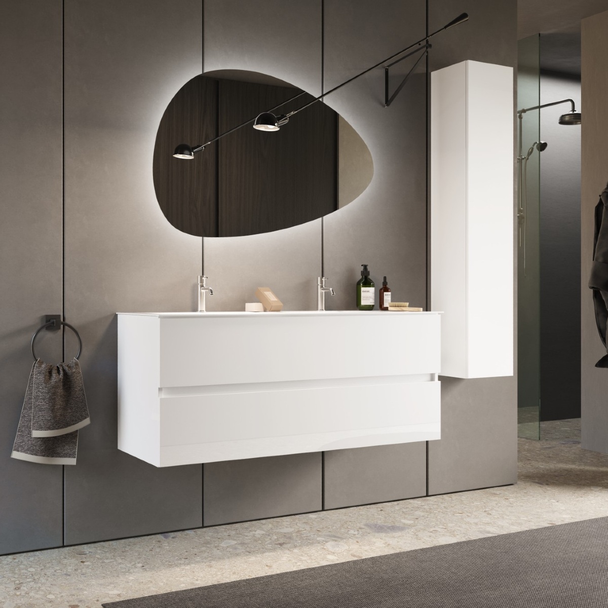 Ensemble de salle de bain TANIA (Meuble suspendu 120cm + vasque + miroir LED + colonne)