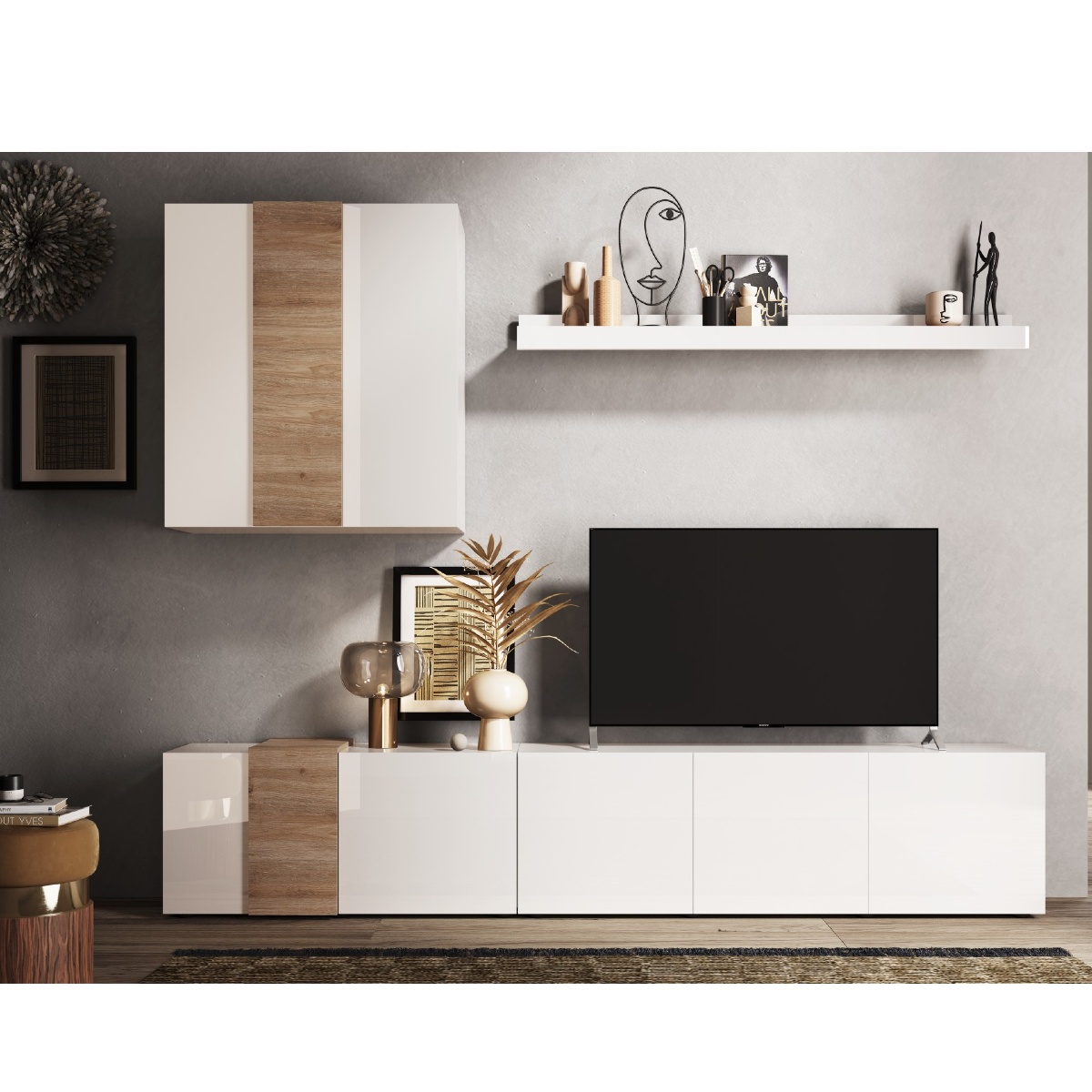 Ensemble TV mural moderne bois et blanc 300cm SIA