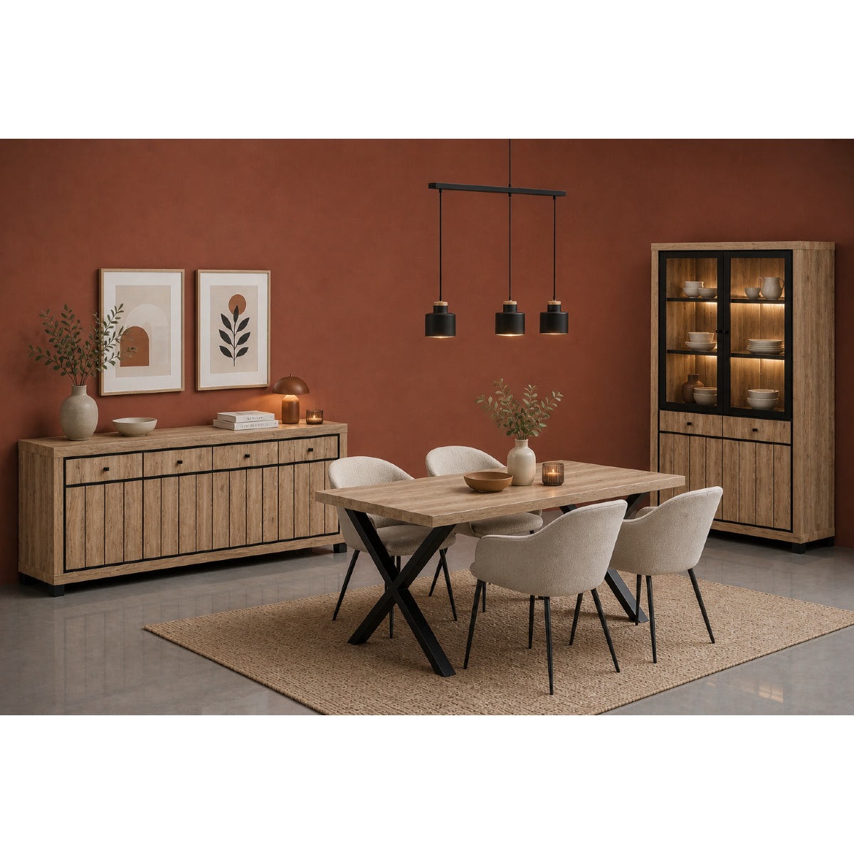 Ensemble salle à manger bois clair avec buffet, vitrine et table design moderne