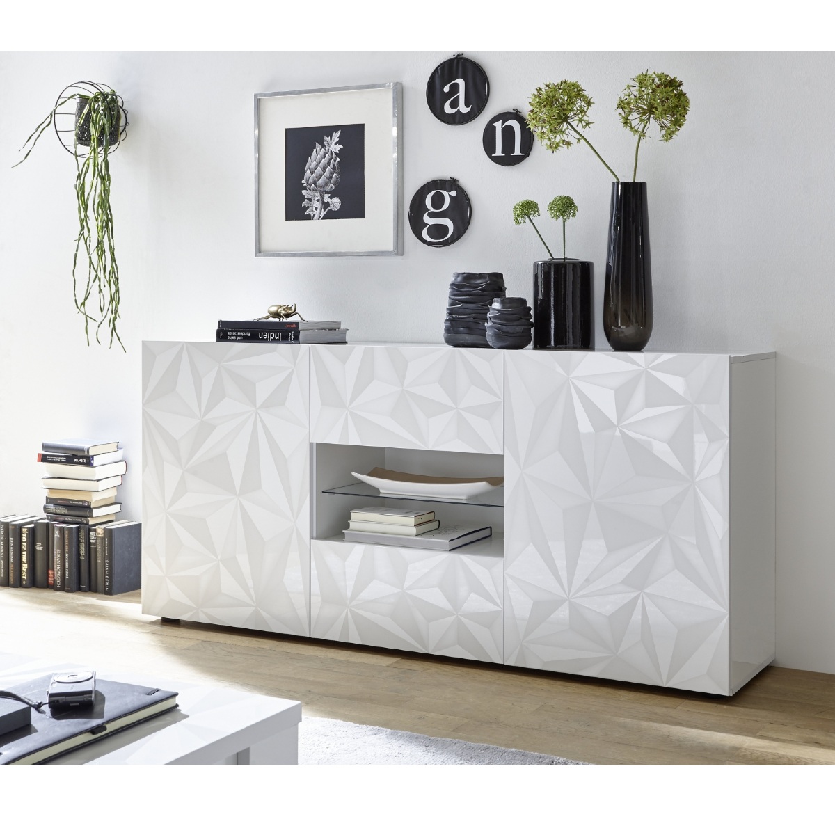 Buffet bas moderne laqué blanc 180cm avec LED CAPRI