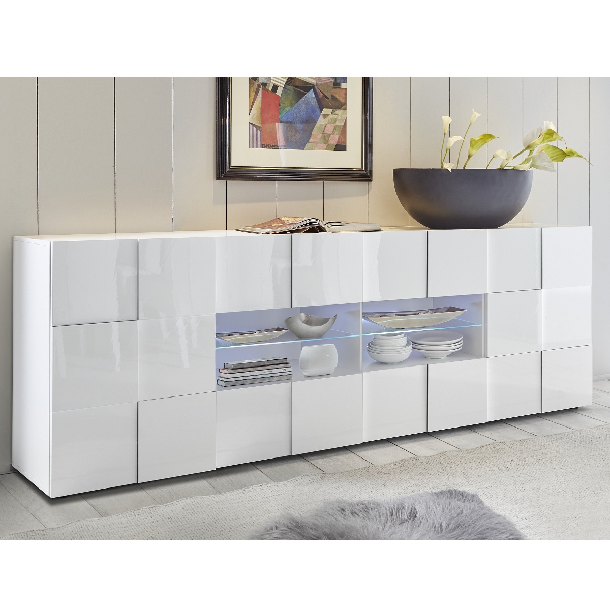 Buffet bas design laqué blanc 2portes-4 tiroirs 240cm MADO