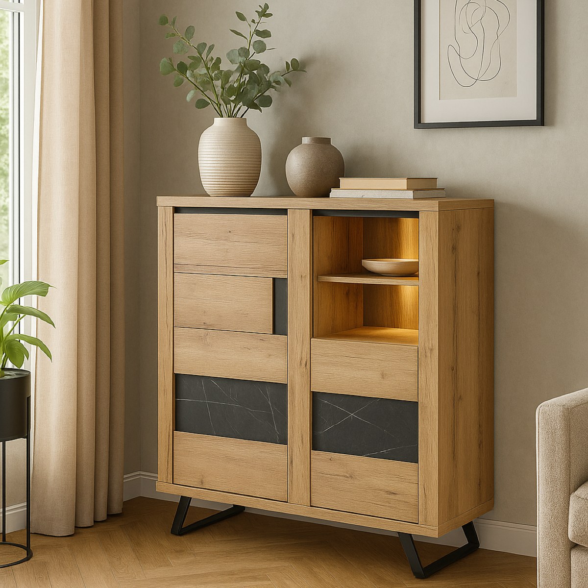 Buffet haut contemporain bois effet céramique HORACE