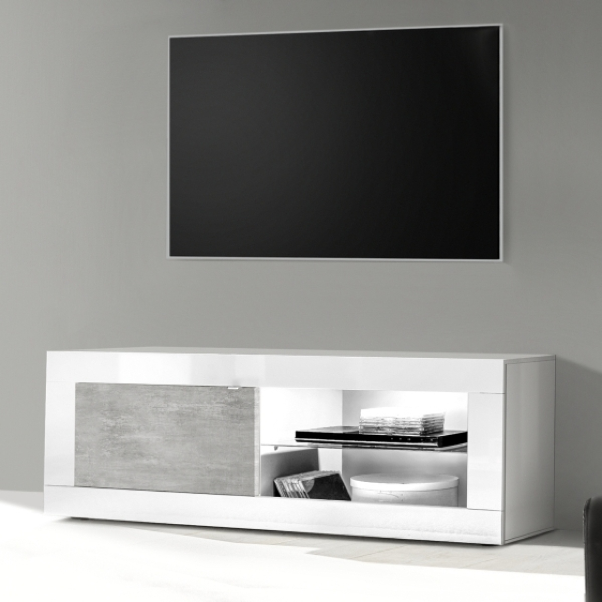 Meuble TV 1 porte - 2 niches blanc et gris béton 140cm CALIA