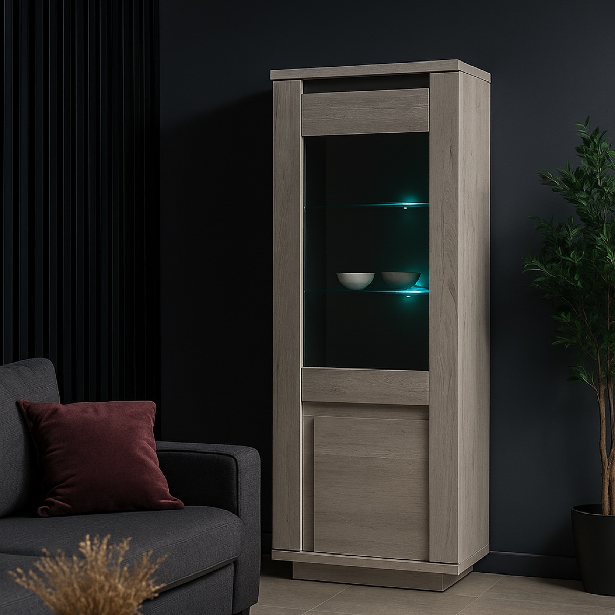 Vitrine contemporaine 1 porte vitrée chêne blanchi MELINDA