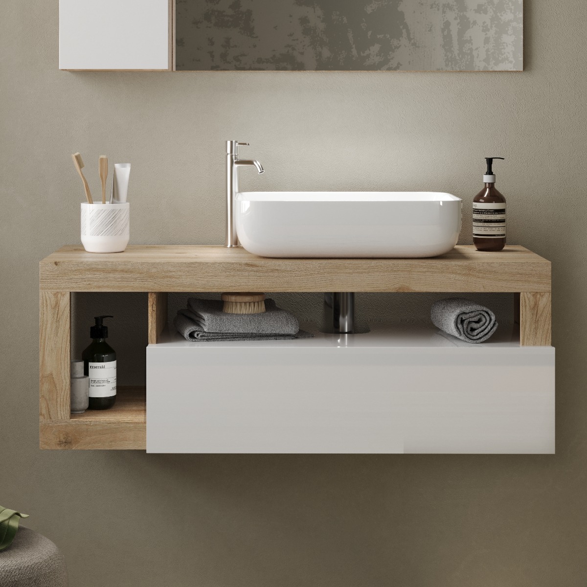 Meuble suspendu salle de bain couleur chêne et blanc L 110cm GAMA