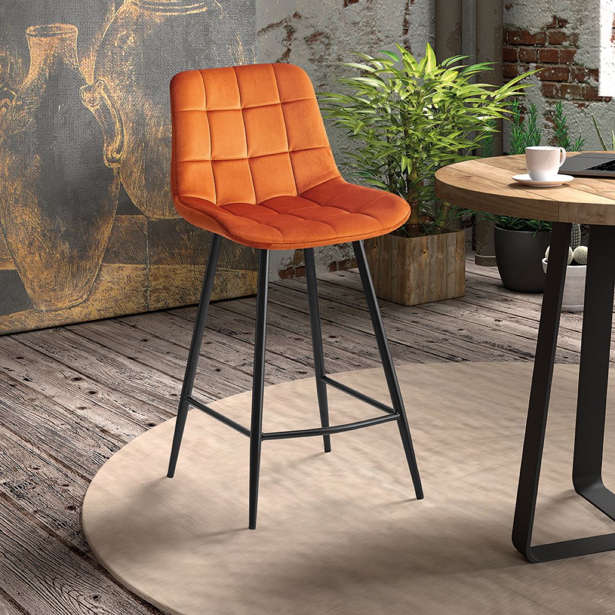 Chaise de bar en velours orange JUSTINE (lot de 2)