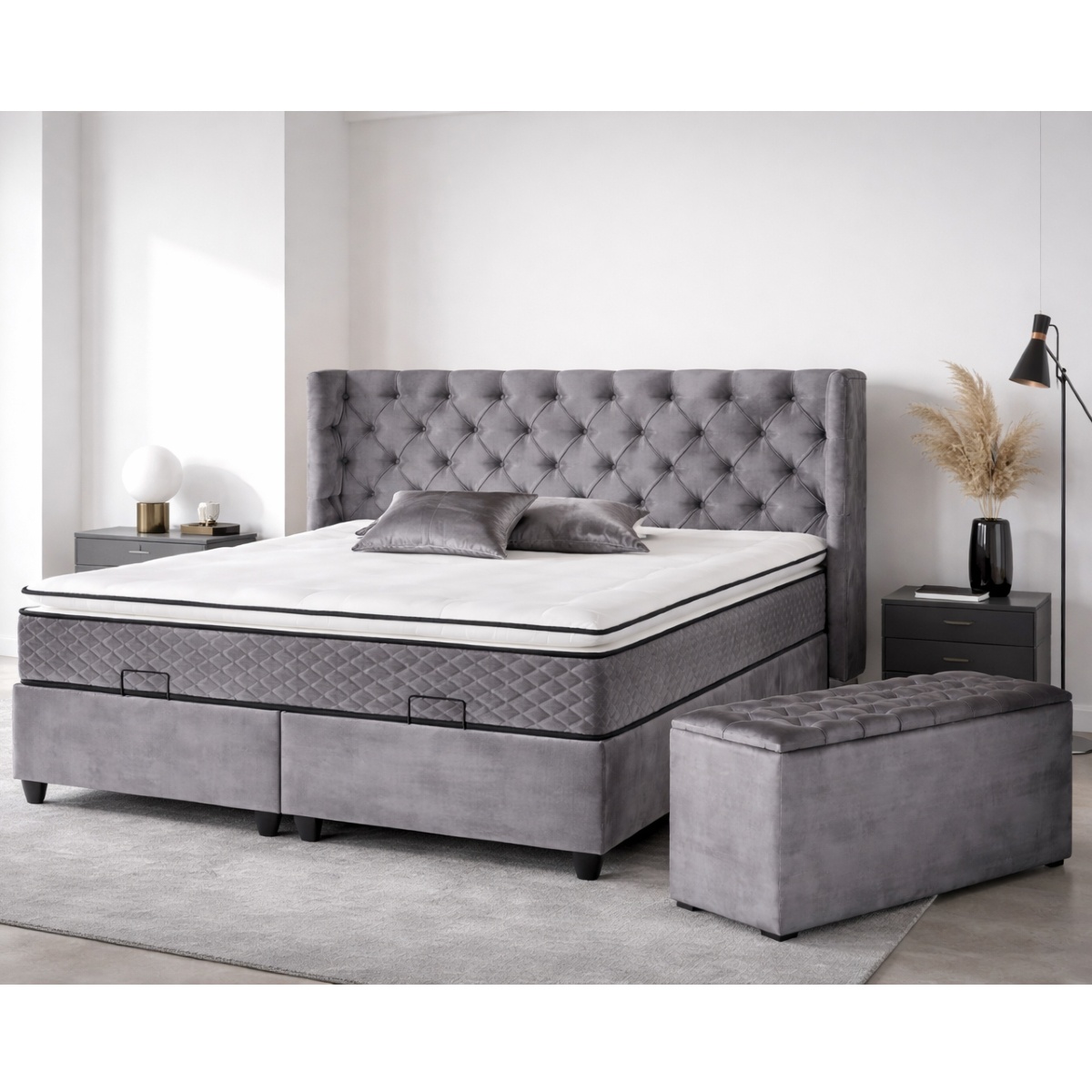 Lit coffre complet capitonné 180cm + matelas + surmatelas LUXY