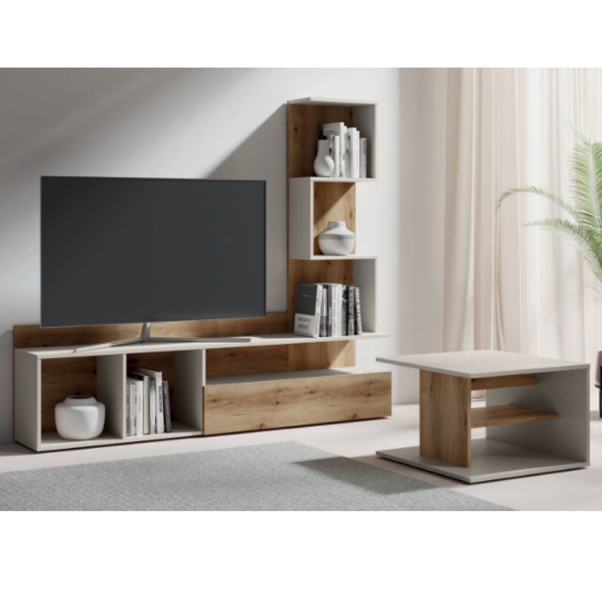 Ensemble meuble tv mural moderne beige et bois 180cm MILA
