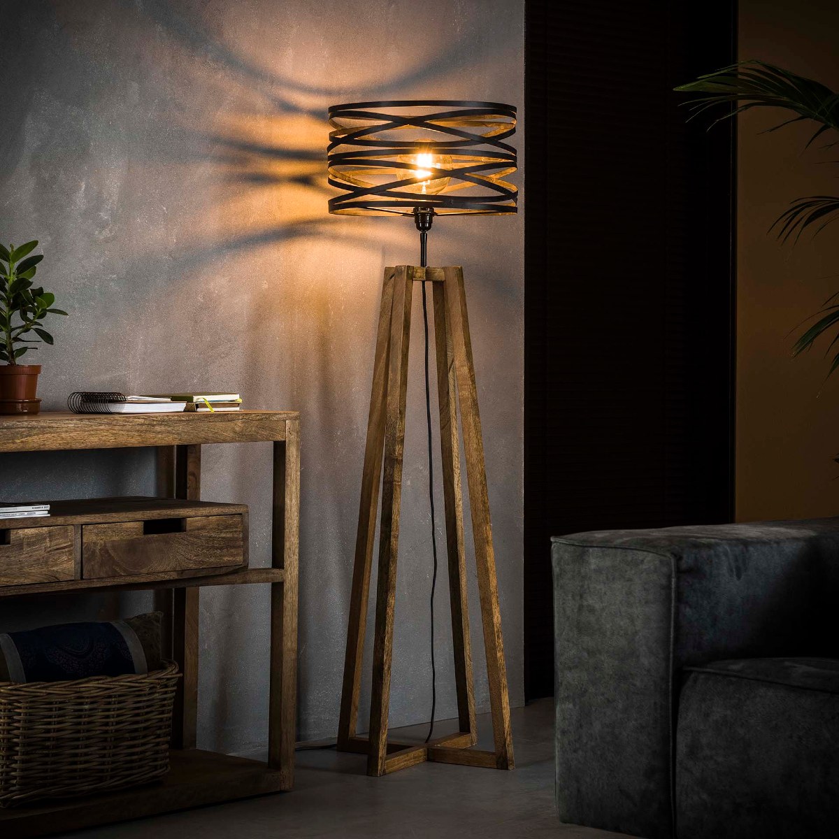 Lampadaire sur pied en bois naturel et métal WISH