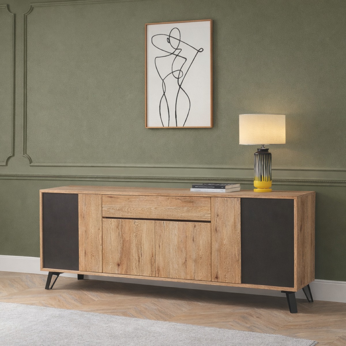 Buffet industriel en bois 220cm 4 portes + tiroir PEDRO