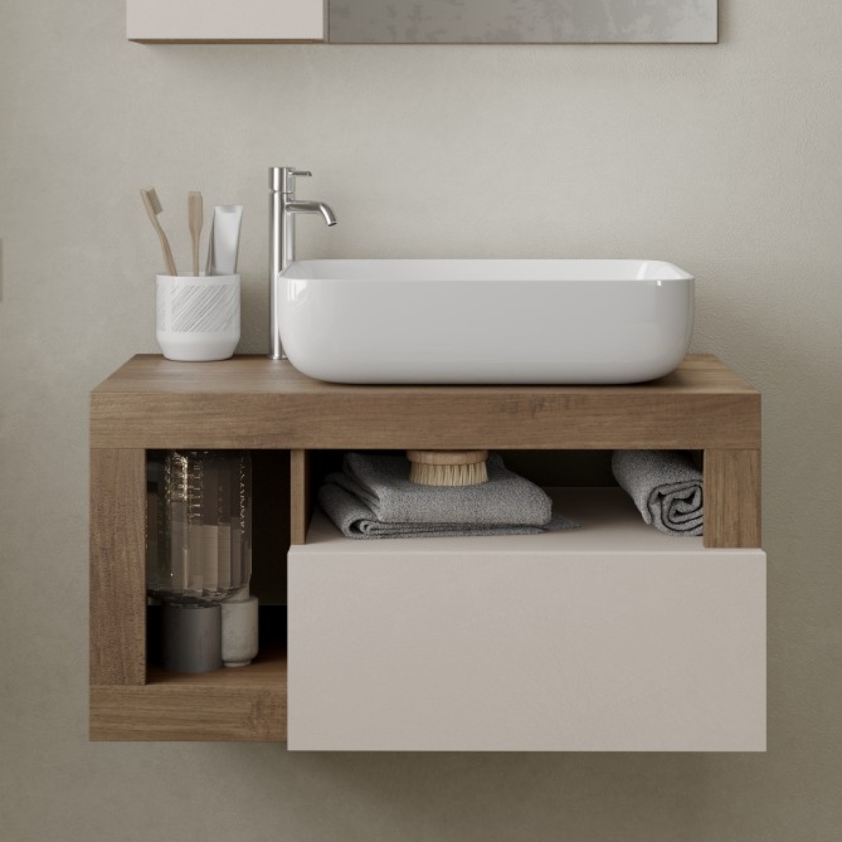 Meuble suspendu salle de bain coloris noyer et blanc L 80cm GAMA