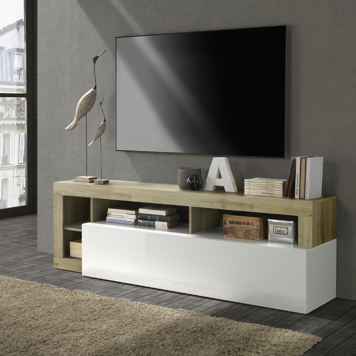 Meuble TV moderne laqué blanc et chêne naturel GAMA