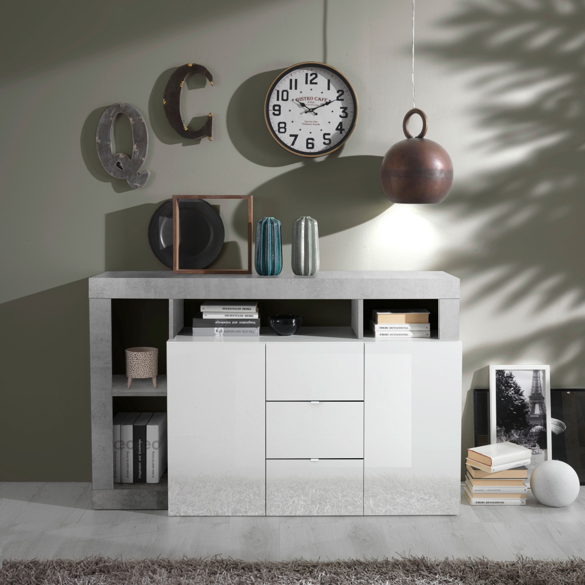 Buffet laqué blanc et gris béton 2 portes-3 tiroirs GAMA