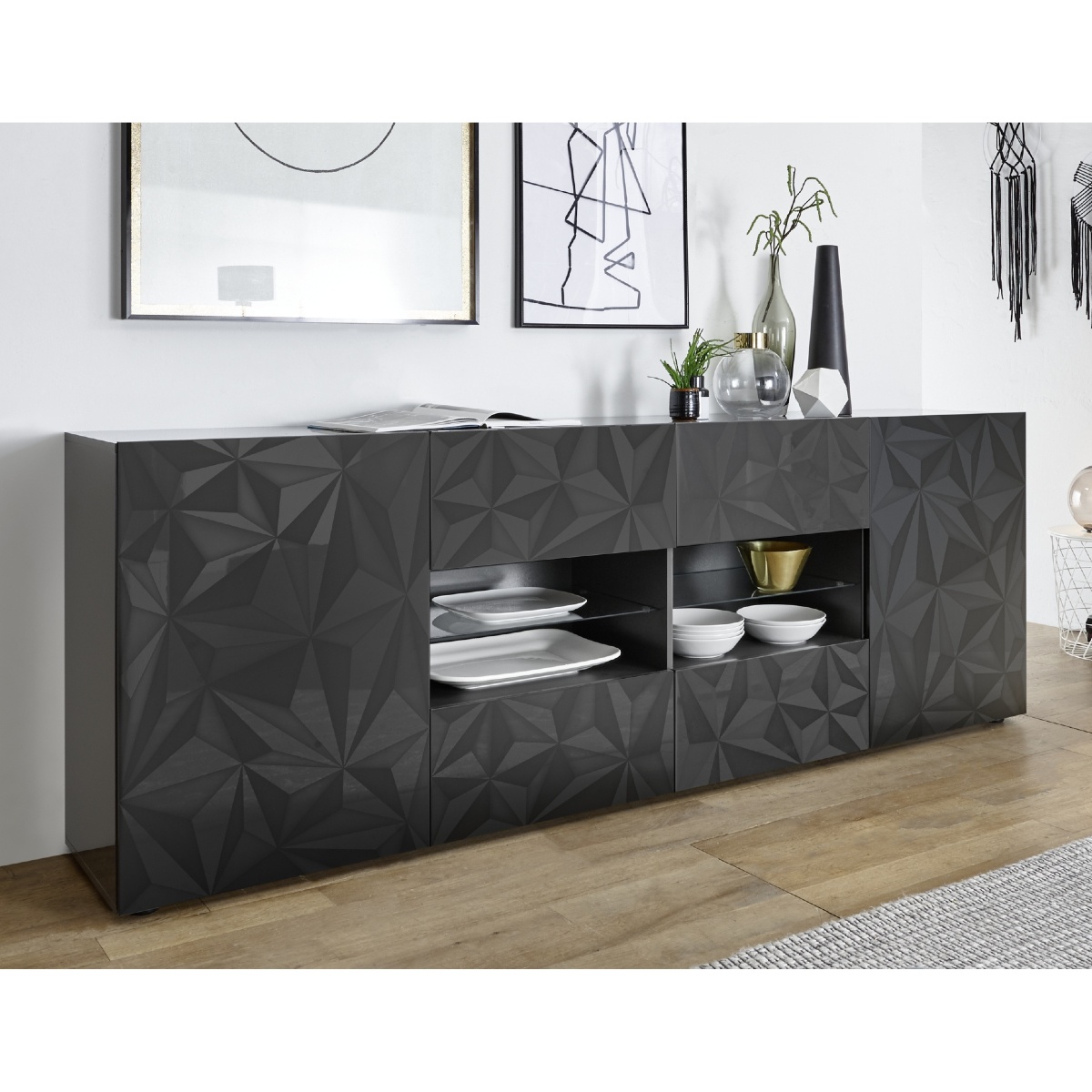 Buffet bas moderne laqué gris 240cm avec LED CAPRI