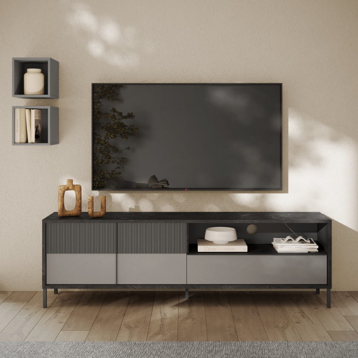 Meuble TV moderne bois strié gris béton 210cm EZE