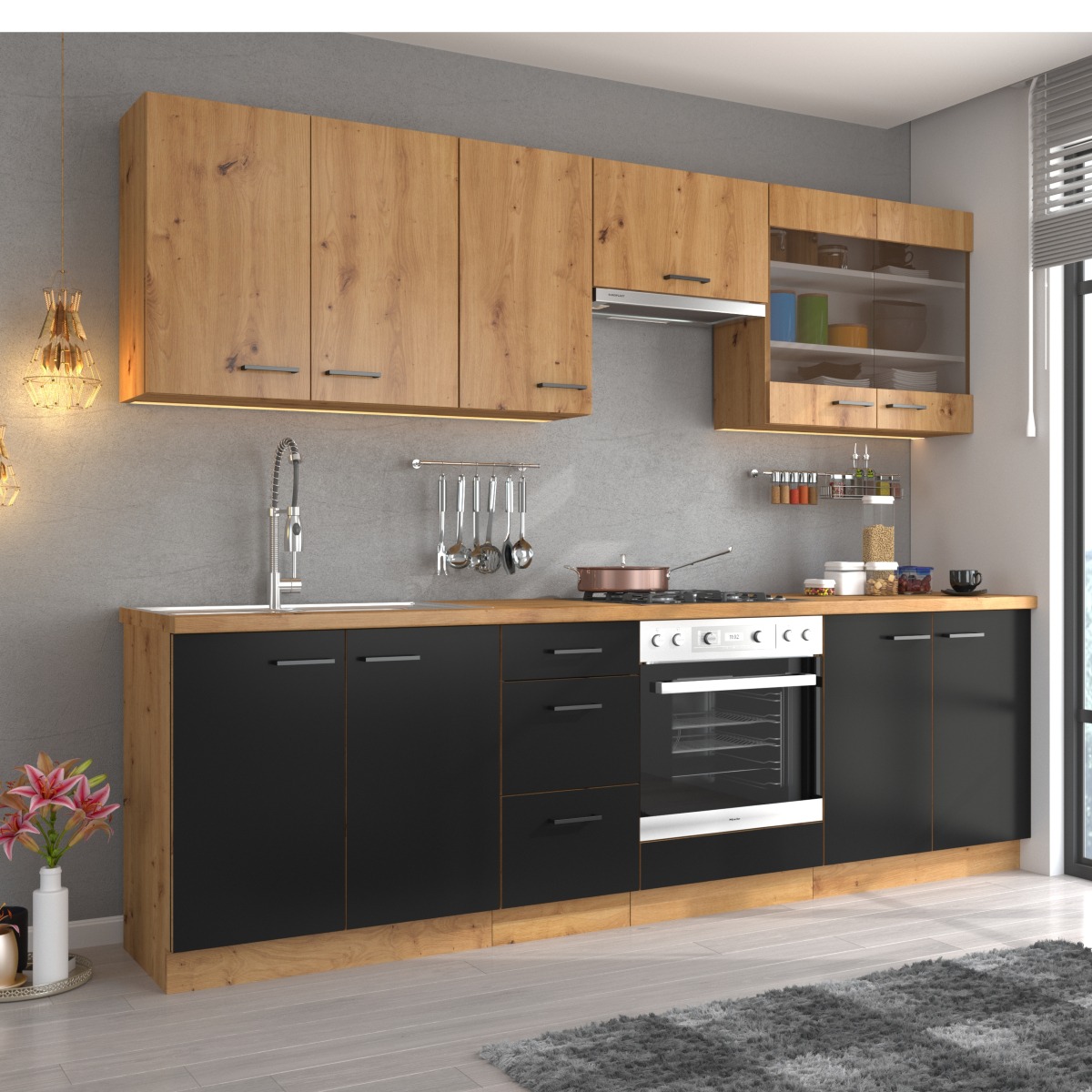 Cuisine complète moderne noir et bois 260cm ODESSA