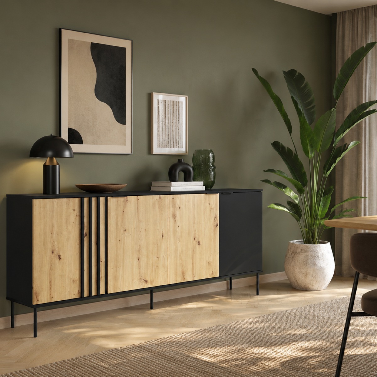 Buffet bas quatre portes noir et bois style moderne