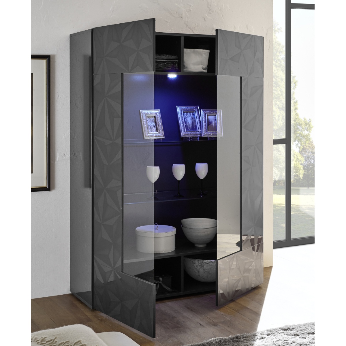 Vitrine moderne laqué gris 2 portes vitrées avec LED CAPRI