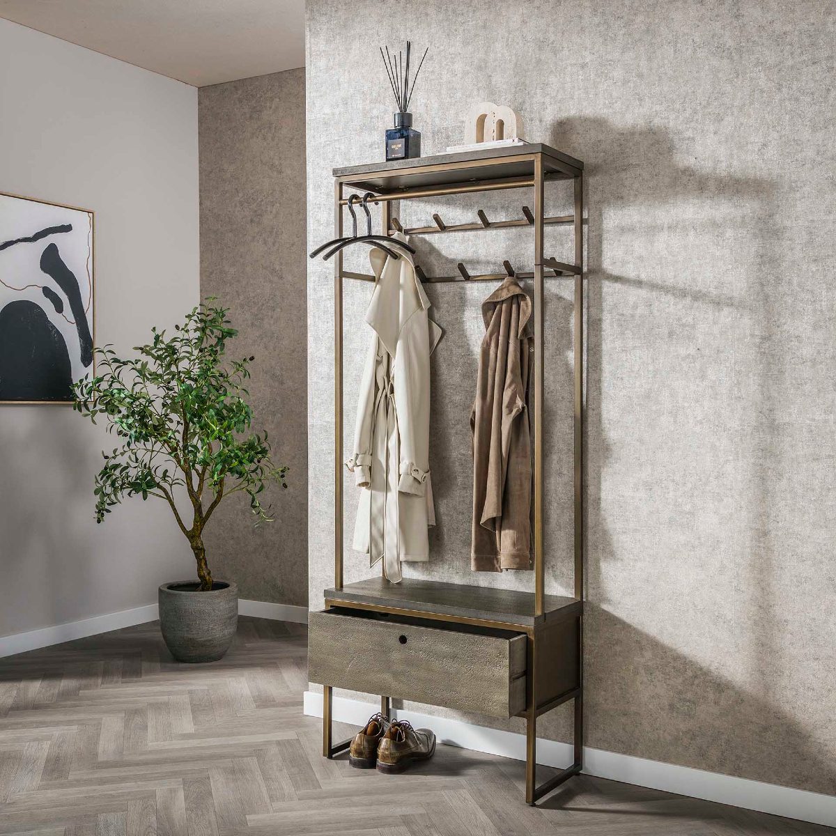 Vestiaire d'entrée métal BRONZO 1 tiroir, penderie 8 crochets