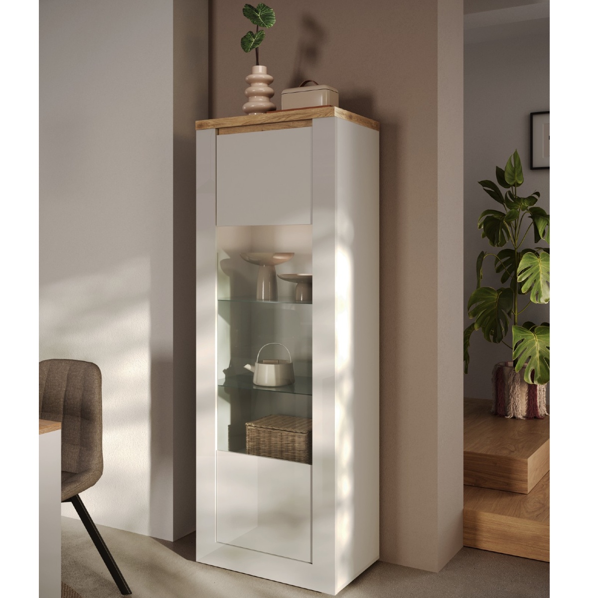 Vitrine moderne 1 porte laqué blanc et bois + led ARIA