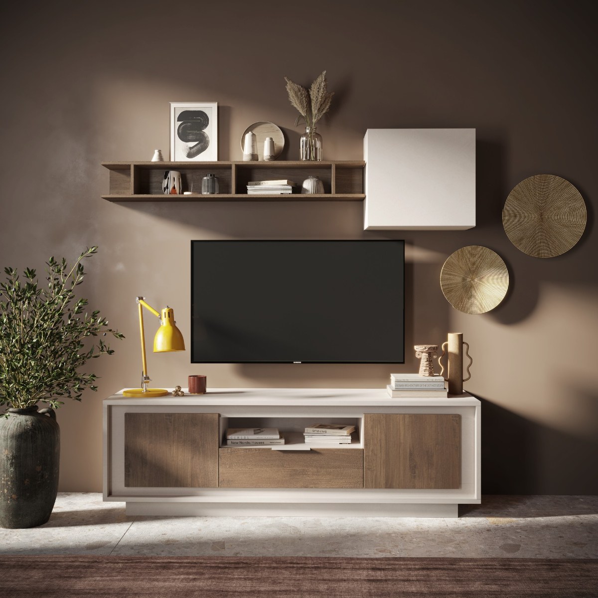 Meuble tv contemporain 180cm beige et noyer YORI