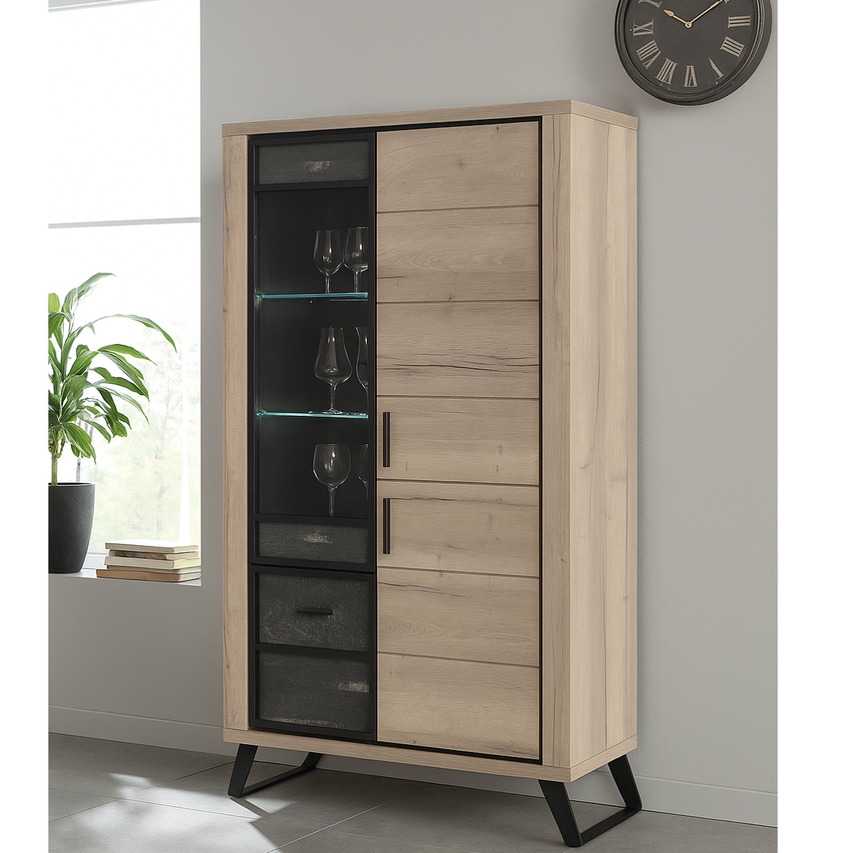 Vitrine contemporaine 4 portes dont 1 vitrée + LED PERO