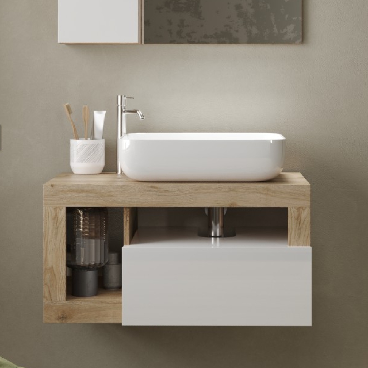 Meuble suspendu salle de bain coloris chêne et blanc L 80cm GAMA