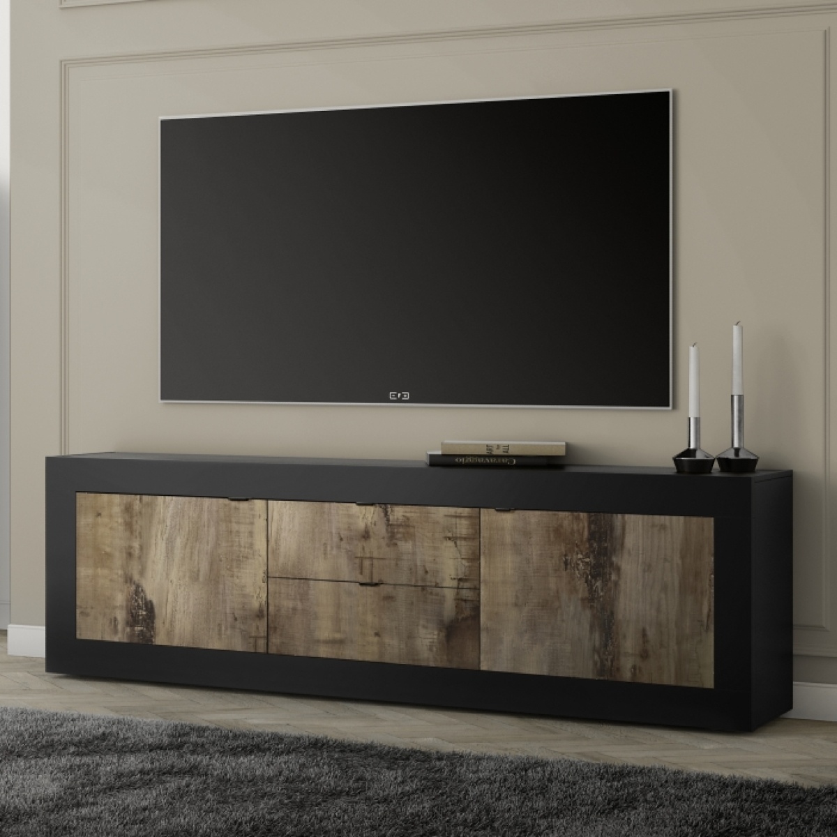 Meuble TV 2 portes - 2 tiroirs noir et bois 210cm CALIA