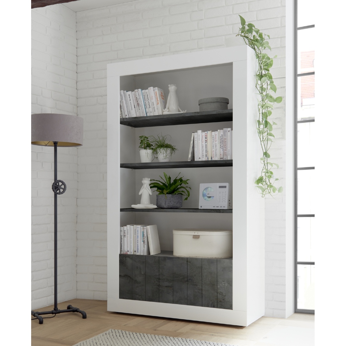 Bibliothéque moderne blanc laqué et gris oxyde 110cm NIO