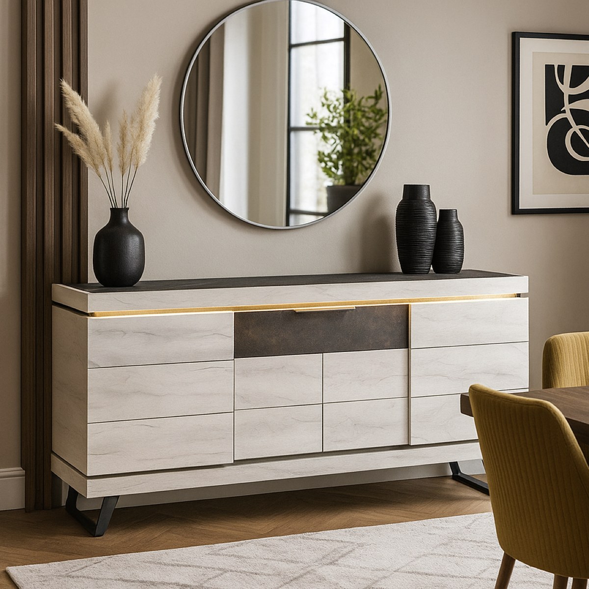 Buffet contemporain chêne blanchi 4 portes 225cm GILDA