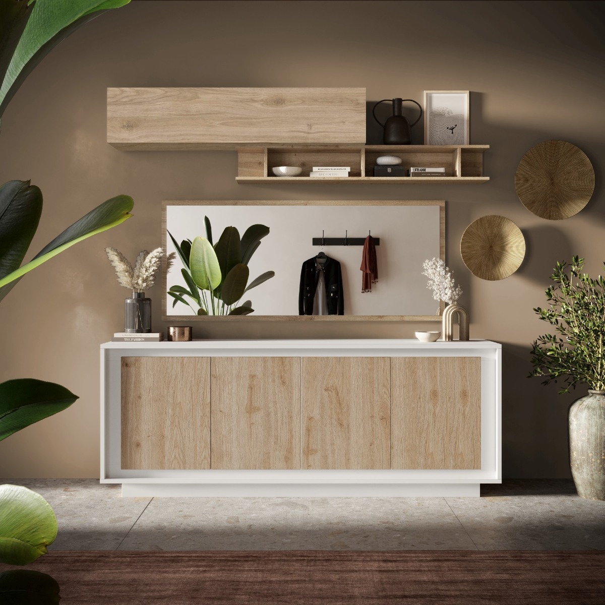 Buffet bas contemporain 4 portes blanc et bois naturel YORI