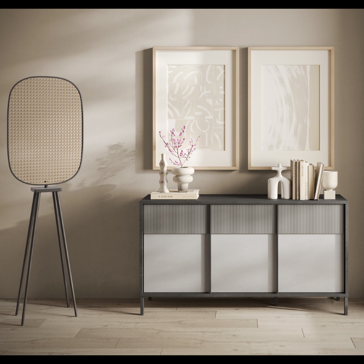 Buffet moderne 3 portes gris béton 160cm EZE