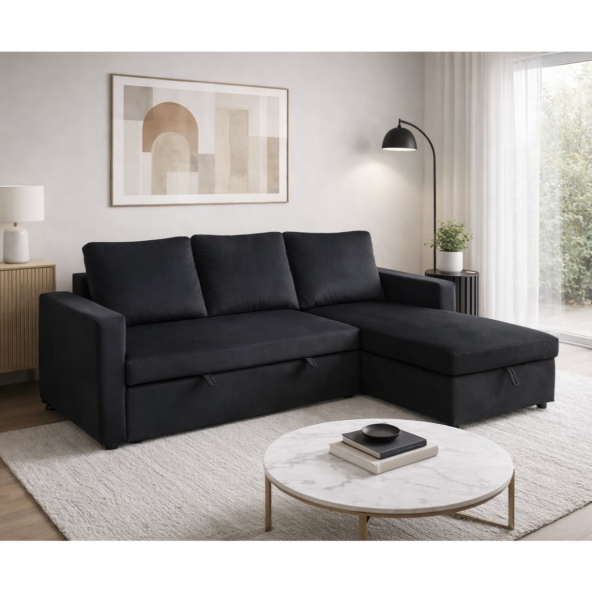 Canapé d’angle convertible avec coffre coloris noir COSY